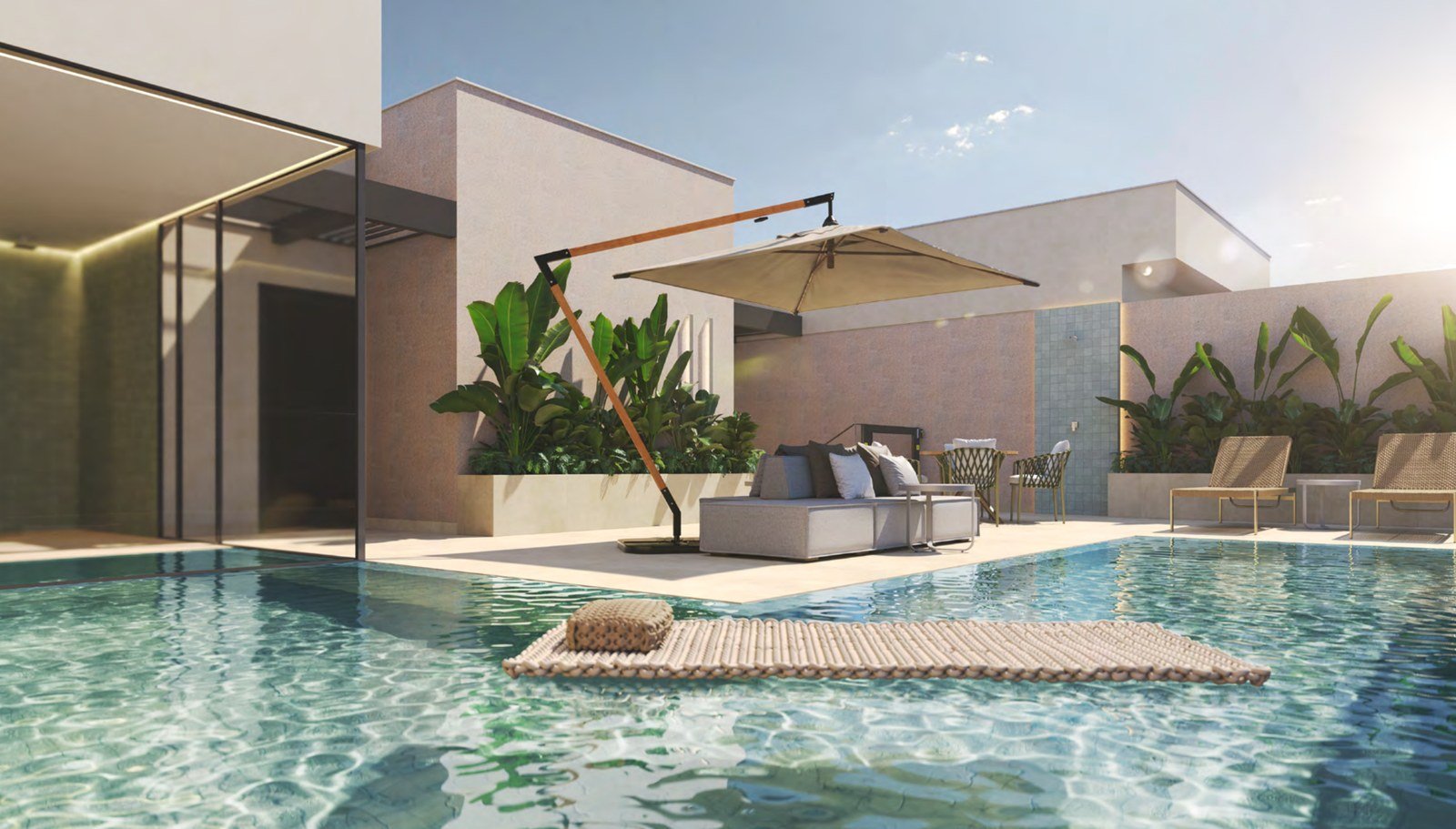 Perspectiva da piscina com deck molhado no rooftop do Upside Charitas
